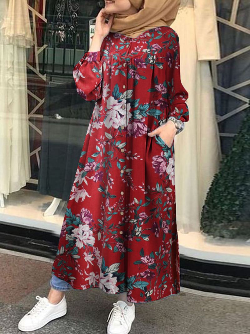 Kvinder 100% Bomuld Blomstertryk Kaftan Maxi-kjoler På Mellemlægslængde Med Sidelomme