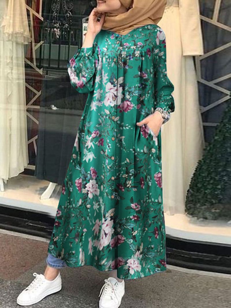 Kvinder 100% Bomuld Blomstertryk Kaftan Maxi-kjoler På Mellemlægslængde Med Sidelomme