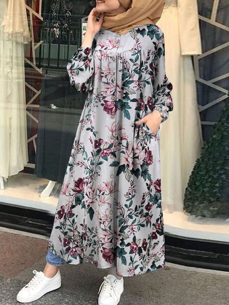 Kvinder 100% Bomuld Blomstertryk Kaftan Maxi-kjoler På Mellemlægslængde Med Sidelomme