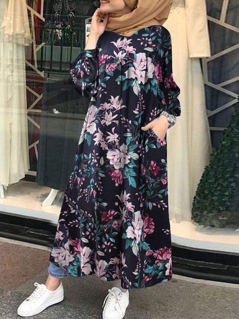 Kvinder 100% Bomuld Blomstertryk Kaftan Maxi-kjoler På Mellemlægslængde Med Sidelomme