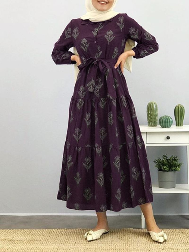 Kvinder Blomsterprint Lapel Puff Sleeve Kaftan Maxi Kjole Med Bælte