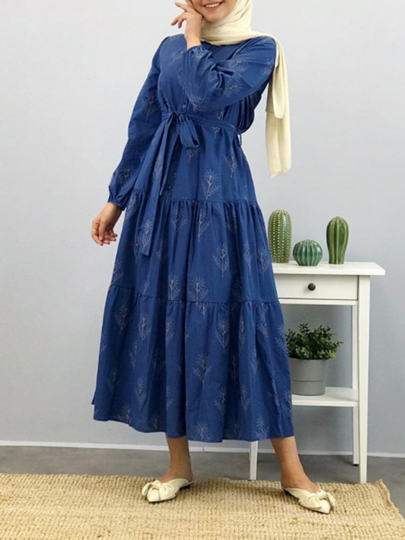 Kvinder Blomsterprint Lapel Puff Sleeve Kaftan Maxi Kjole Med Bælte