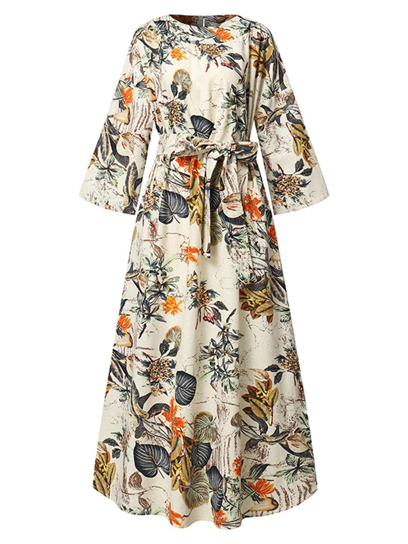 Kvinder Blomsterprint O-hals 3/4 Ærmer Casual Belted Maxi Kjoler