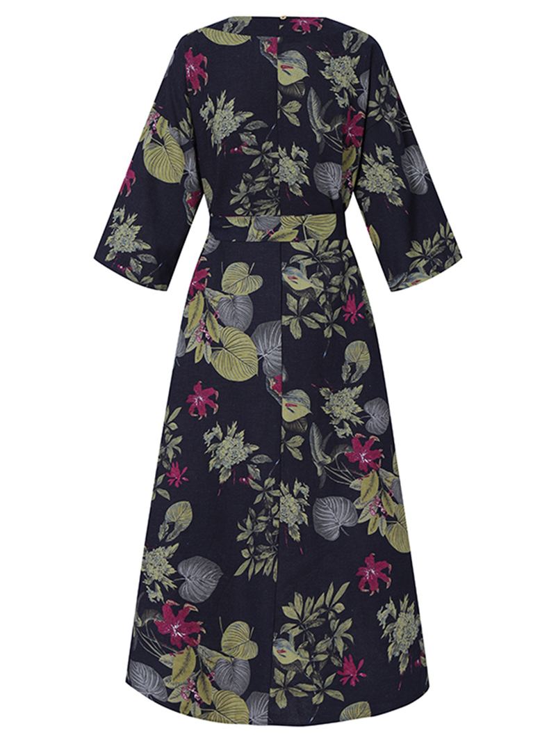 Kvinder Blomsterprint O-hals 3/4 Ærmer Casual Belted Maxi Kjoler