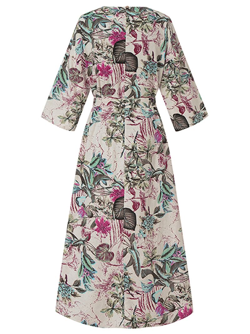 Kvinder Blomsterprint O-hals 3/4 Ærmer Casual Belted Maxi Kjoler