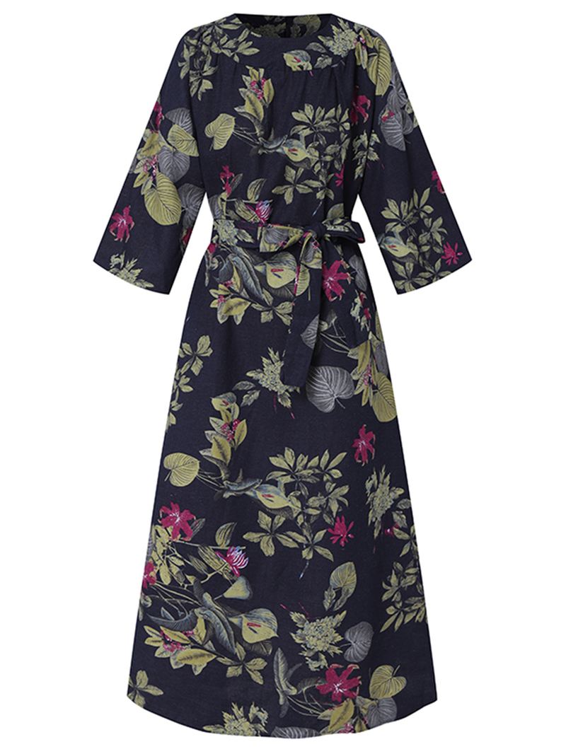 Kvinder Blomsterprint O-hals 3/4 Ærmer Casual Belted Maxi Kjoler