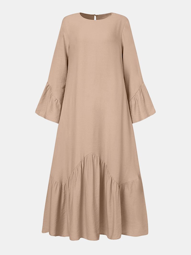 Kvinder Ensfarvet Flæse Langærmet Simple Kaftan Maxi Kjoler