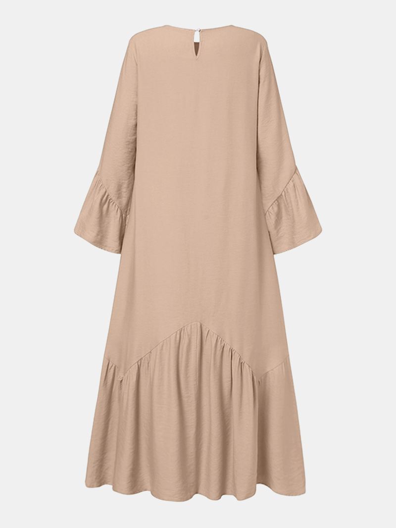 Kvinder Ensfarvet Flæse Langærmet Simple Kaftan Maxi Kjoler