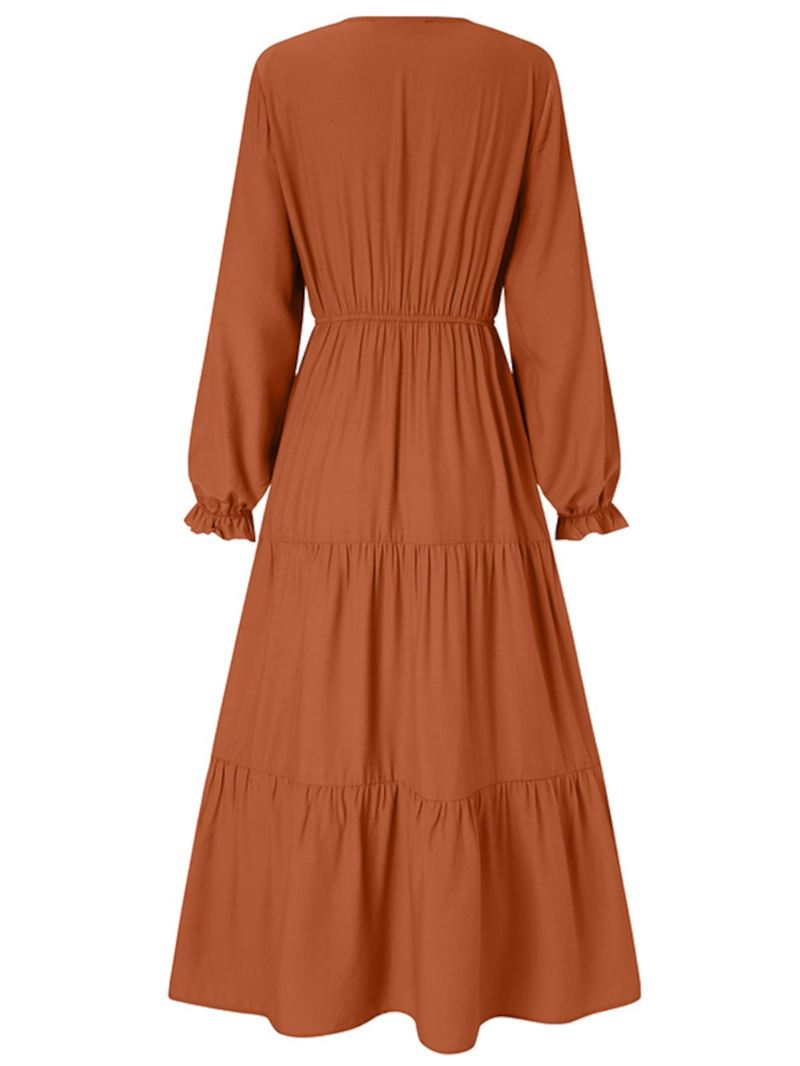 Kvinder Ensfarvet Pufærmet V-hals Big Swing Casual Maxi Layered Dress