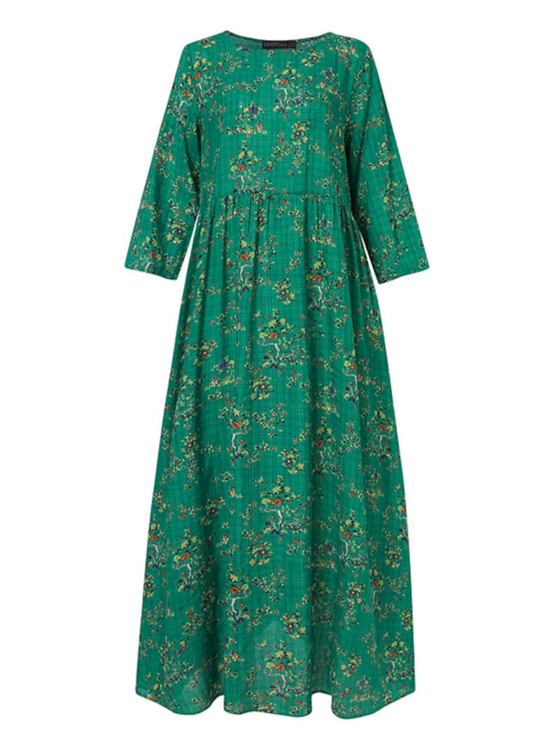 Kvinder Vintage Blomster Med Tryk O-hals 3/4 Ærmer Casual Holiday Maxi Kjole