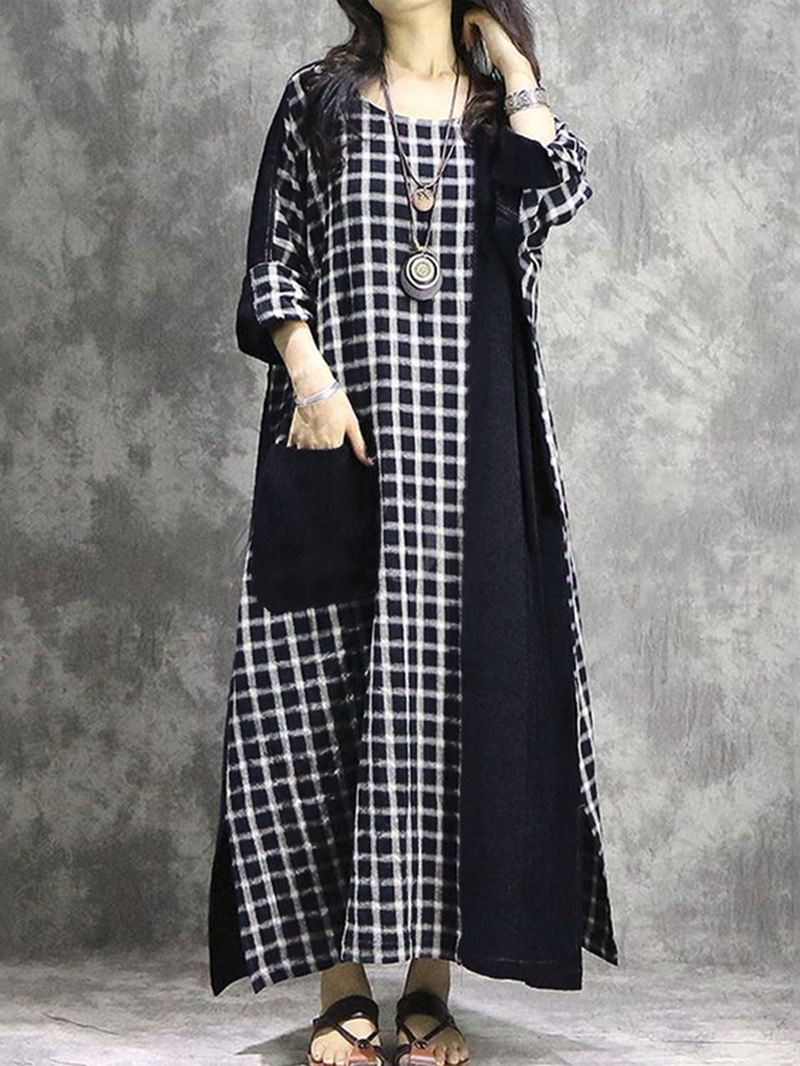 Plaid Patchwork Rund Hals Langærmet Casual Maxi Kjole