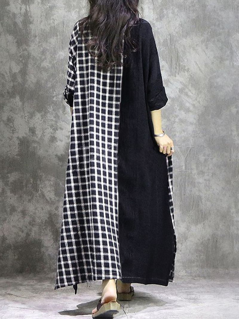 Plaid Patchwork Rund Hals Langærmet Casual Maxi Kjole