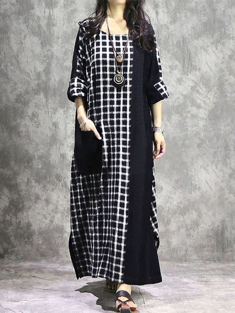 Plaid Patchwork Rund Hals Langærmet Casual Maxi Kjole