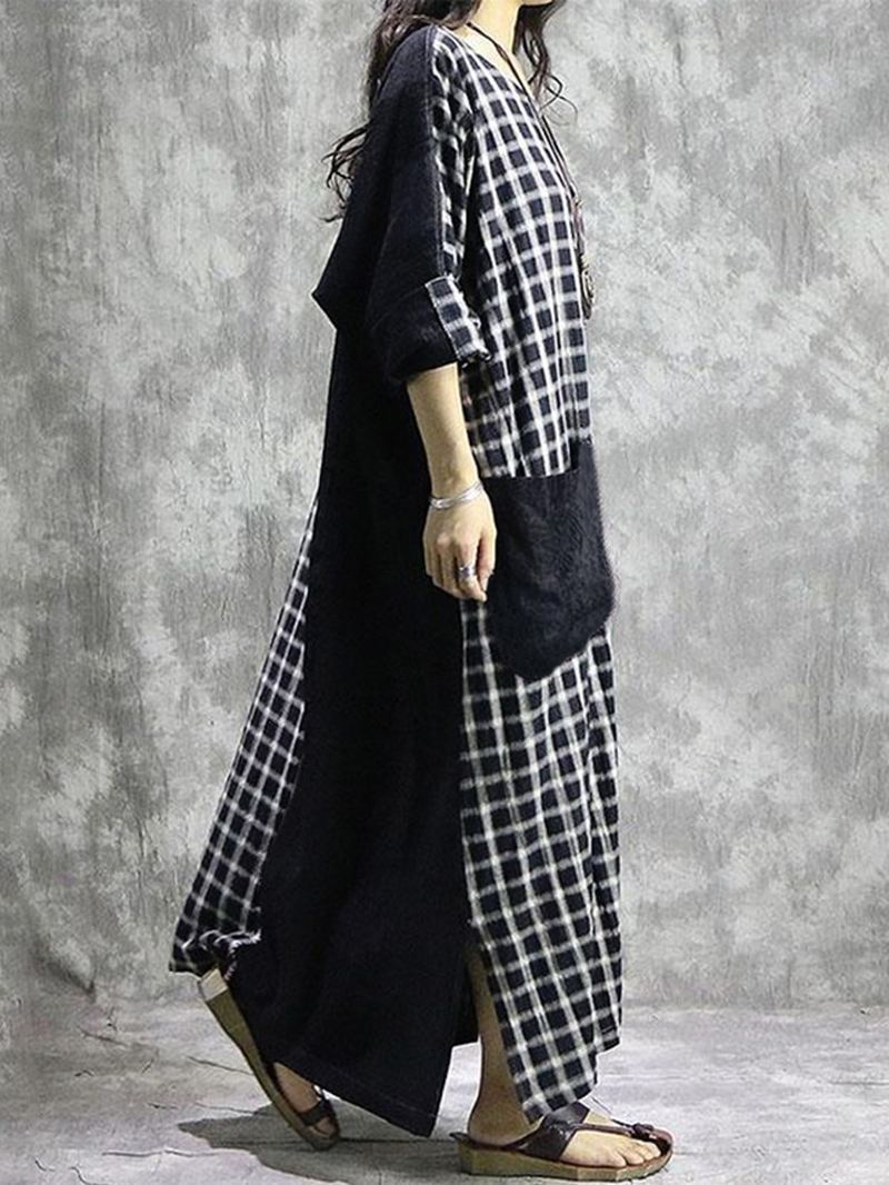 Plaid Patchwork Rund Hals Langærmet Casual Maxi Kjole