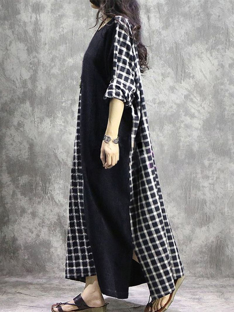 Plaid Patchwork Rund Hals Langærmet Casual Maxi Kjole