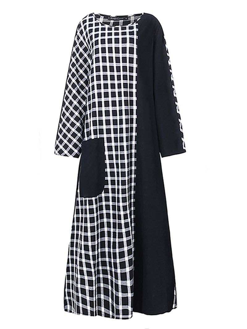 Plaid Patchwork Rund Hals Langærmet Casual Maxi Kjole