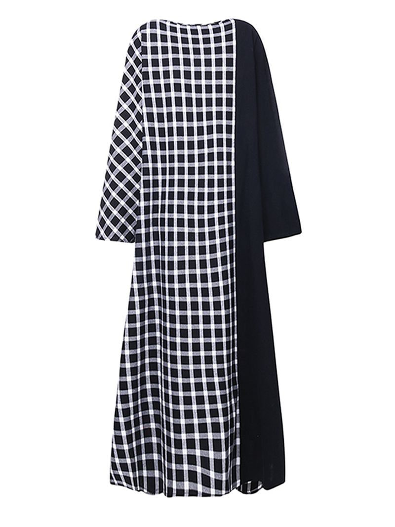 Plaid Patchwork Rund Hals Langærmet Casual Maxi Kjole