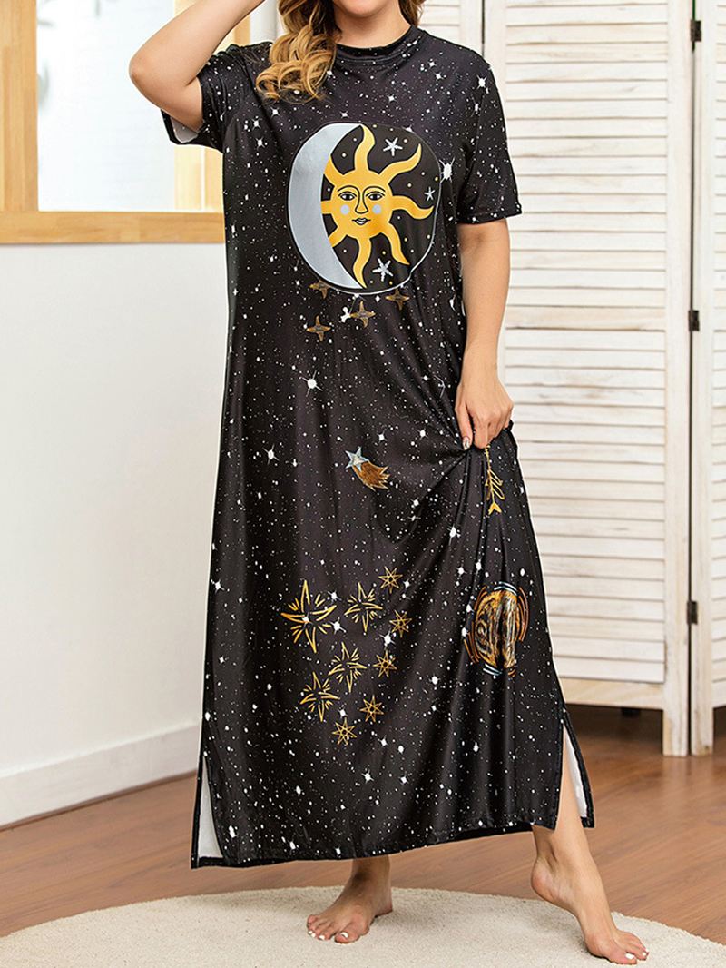 Plus Size Galaxy Med Tryk Kortærmet Rund Hals Slids Lang Kjole