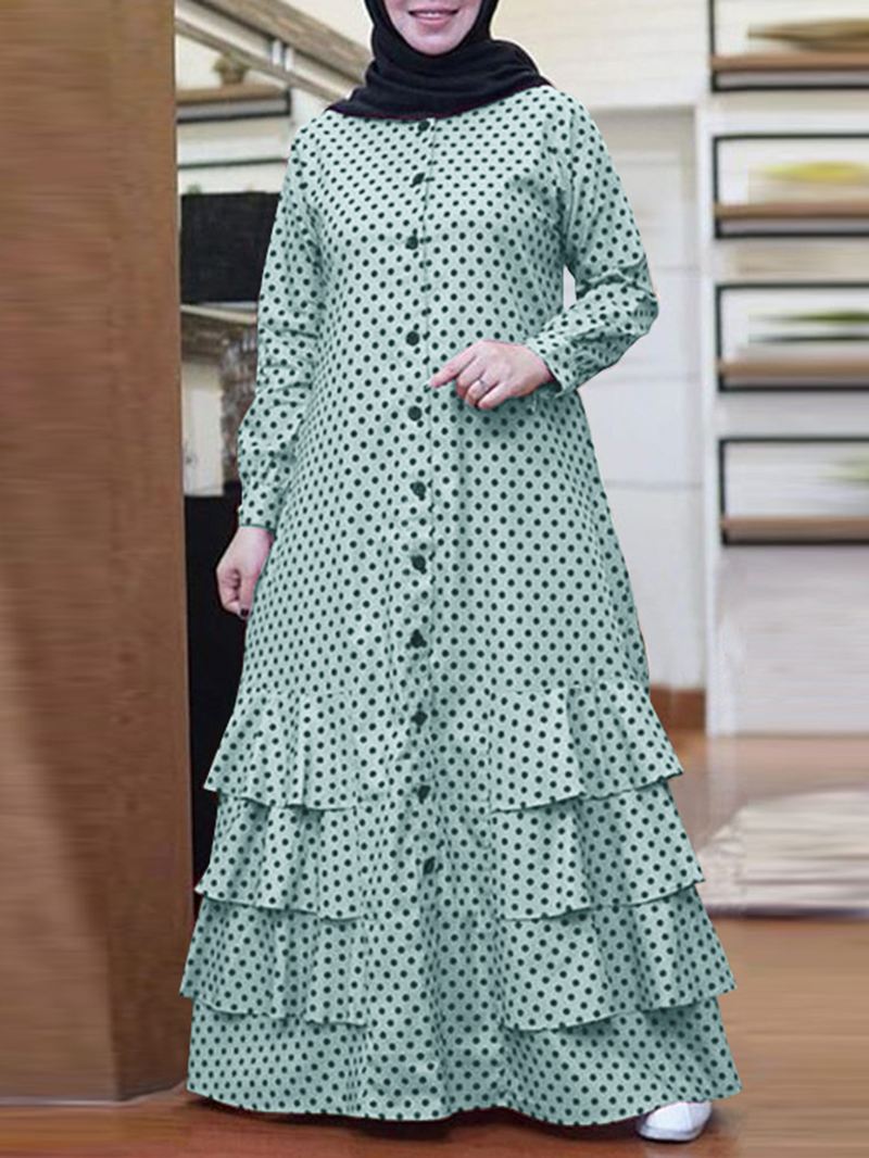 Polka Dot Flæser Trim Button Langærmet Bohemian Shirt Maxikjole Til Kvinder