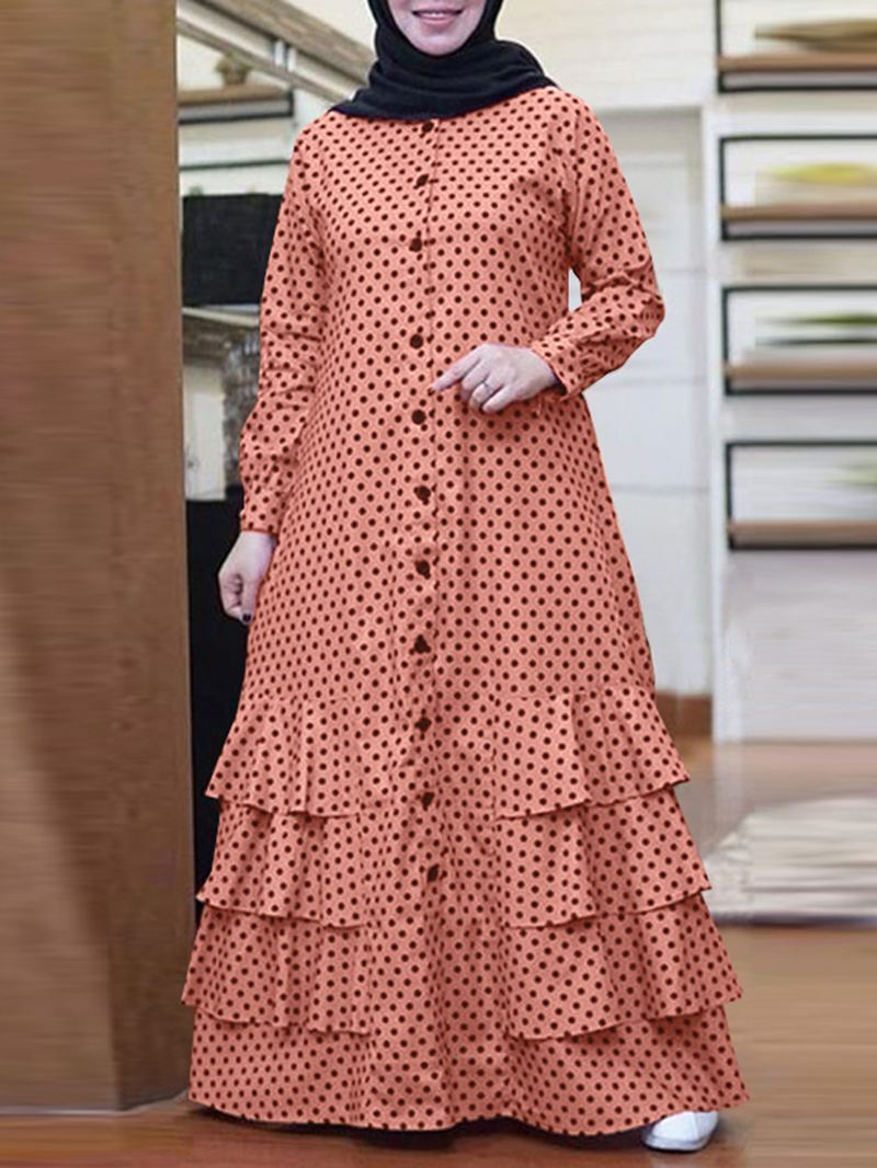 Polka Dot Flæser Trim Button Langærmet Bohemian Shirt Maxikjole Til Kvinder