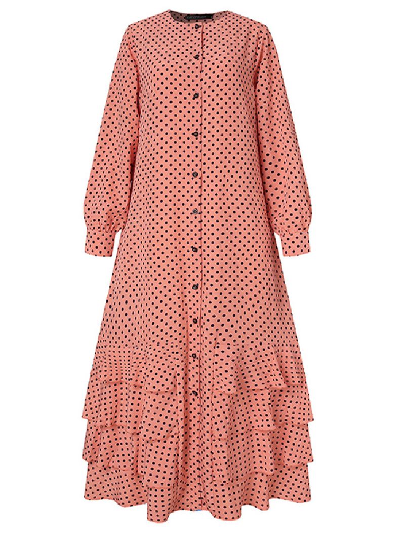 Polka Dot Flæser Trim Button Langærmet Bohemian Shirt Maxikjole Til Kvinder