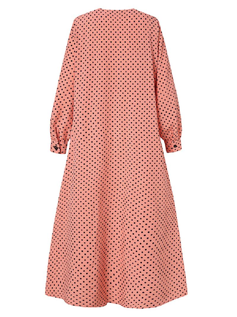 Polka Dot Flæser Trim Button Langærmet Bohemian Shirt Maxikjole Til Kvinder