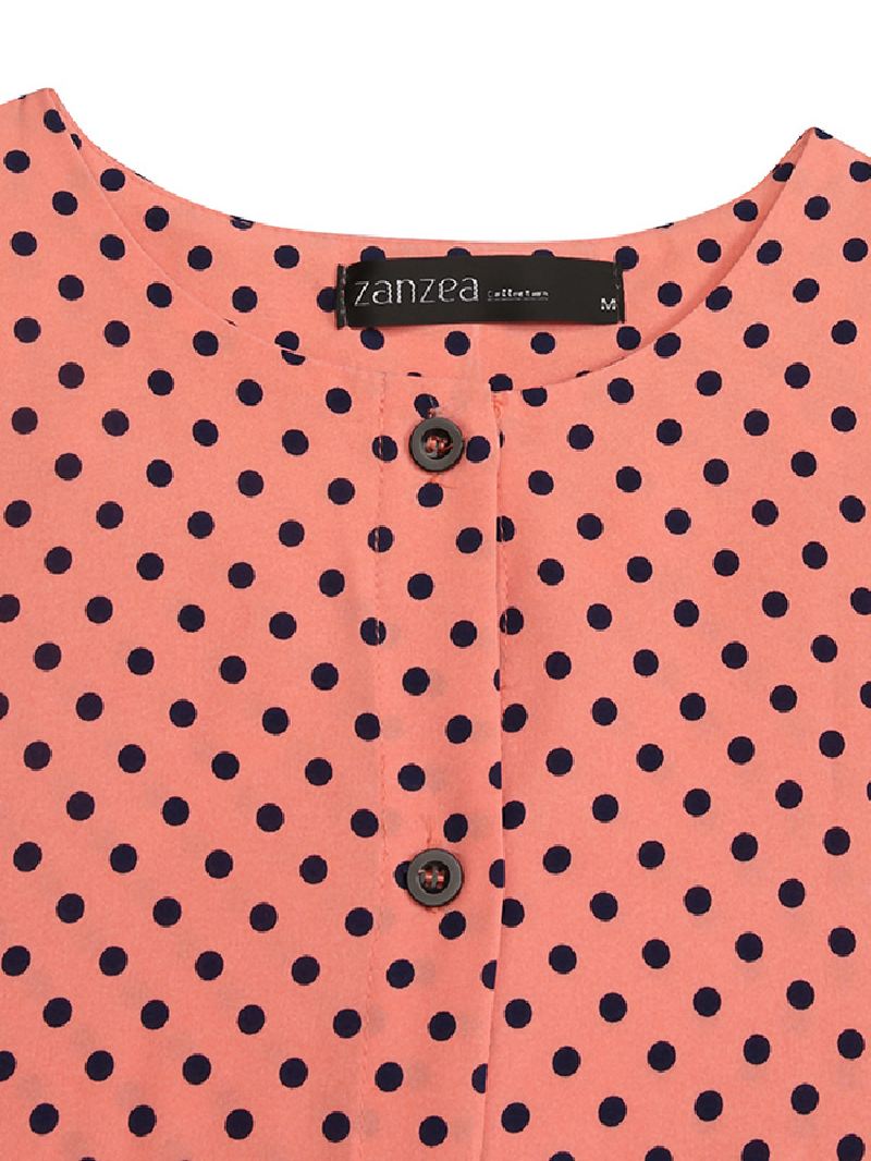 Polka Dot Flæser Trim Button Langærmet Bohemian Shirt Maxikjole Til Kvinder