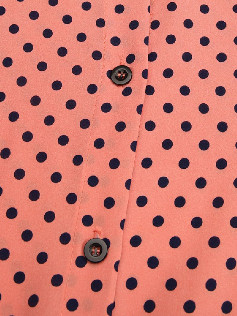 Polka Dot Flæser Trim Button Langærmet Bohemian Shirt Maxikjole Til Kvinder