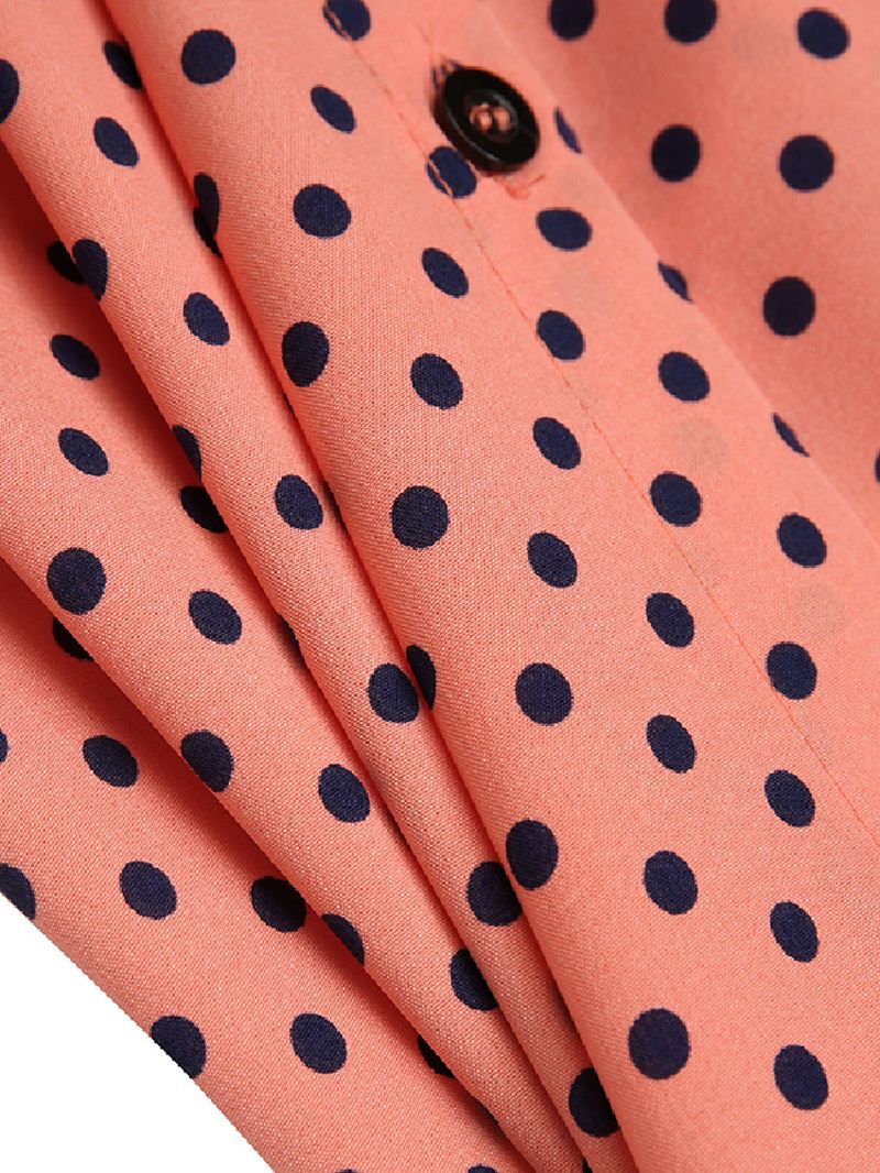 Polka Dot Flæser Trim Button Langærmet Bohemian Shirt Maxikjole Til Kvinder