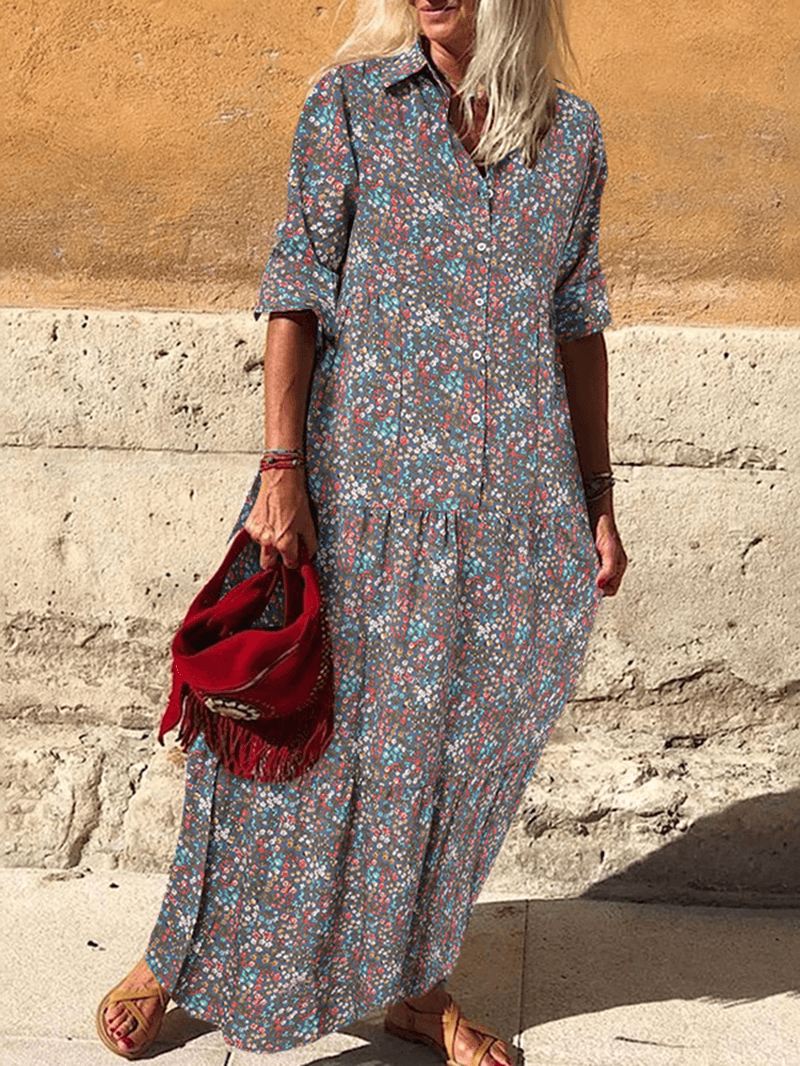 Vintage Blomsterprint Lapel Pleats Langærmet Bohemian Shirt Maxikjole Til Kvinder