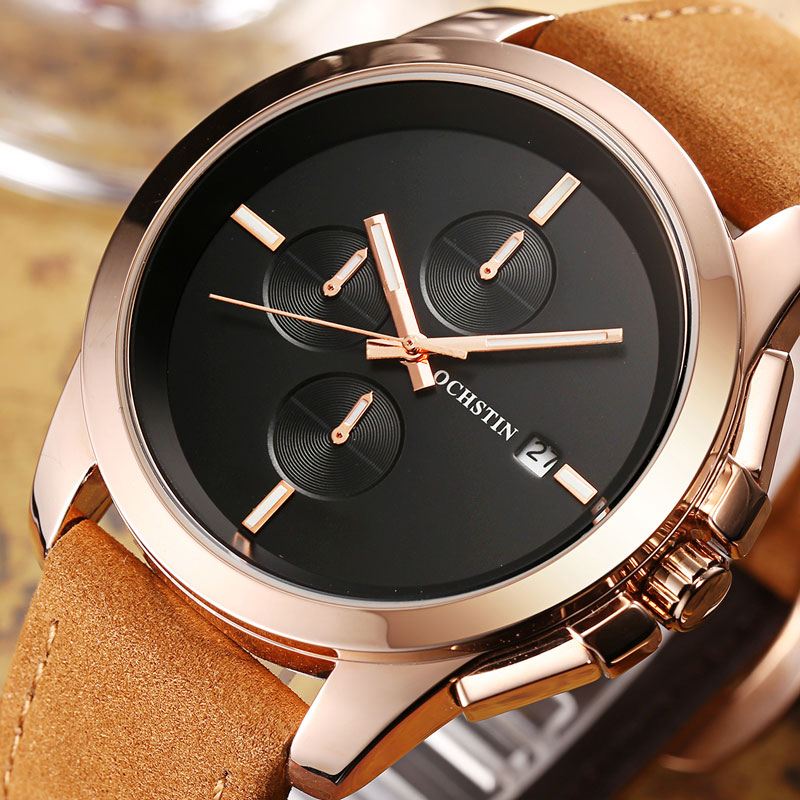 Ægte Læder Casual Style Herre Armbåndsur Kalender Quartz Watch