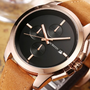 Ægte Læder Casual Style Herre Armbåndsur Kalender Quartz Watch