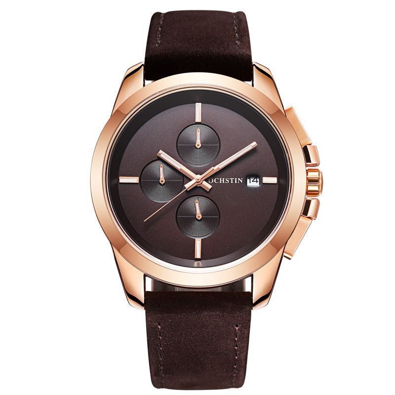 Ægte Læder Casual Style Herre Armbåndsur Kalender Quartz Watch