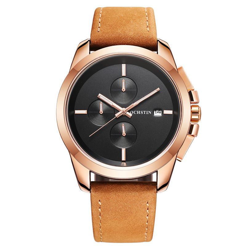 Ægte Læder Casual Style Herre Armbåndsur Kalender Quartz Watch