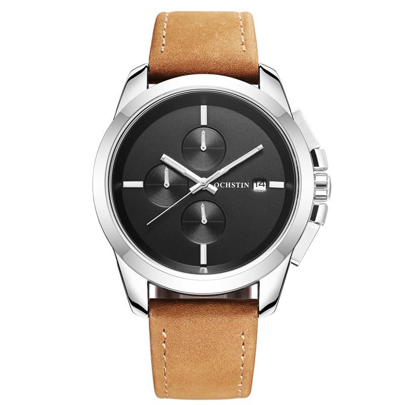 Ægte Læder Casual Style Herre Armbåndsur Kalender Quartz Watch