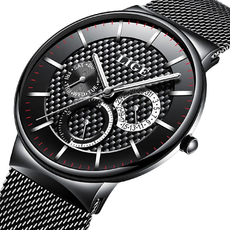 Business Casual Herreur Vandtæt Lysende Dato Uge Display Quartz Watch