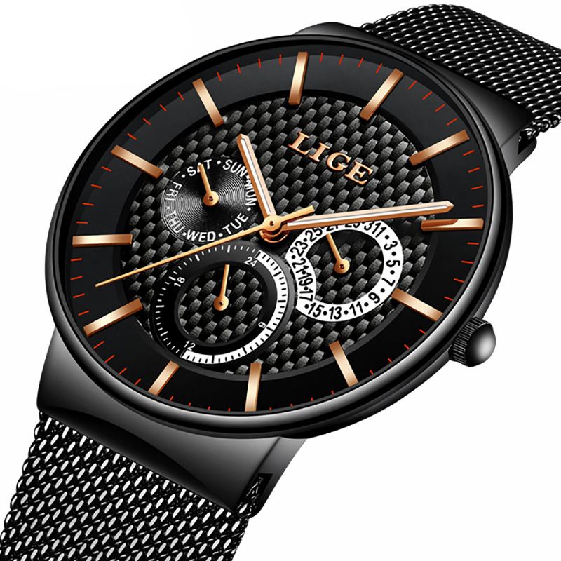 Business Casual Herreur Vandtæt Lysende Dato Uge Display Quartz Watch