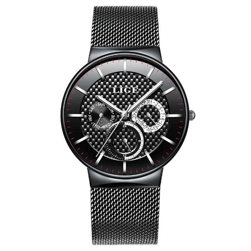 Business Casual Herreur Vandtæt Lysende Dato Uge Display Quartz Watch