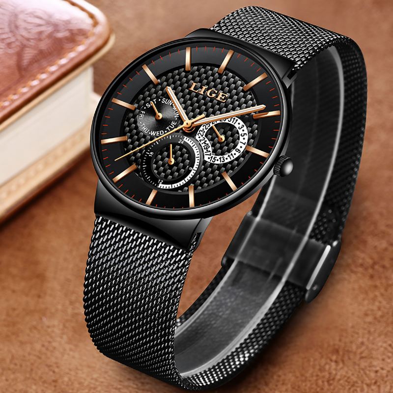 Business Casual Herreur Vandtæt Lysende Dato Uge Display Quartz Watch