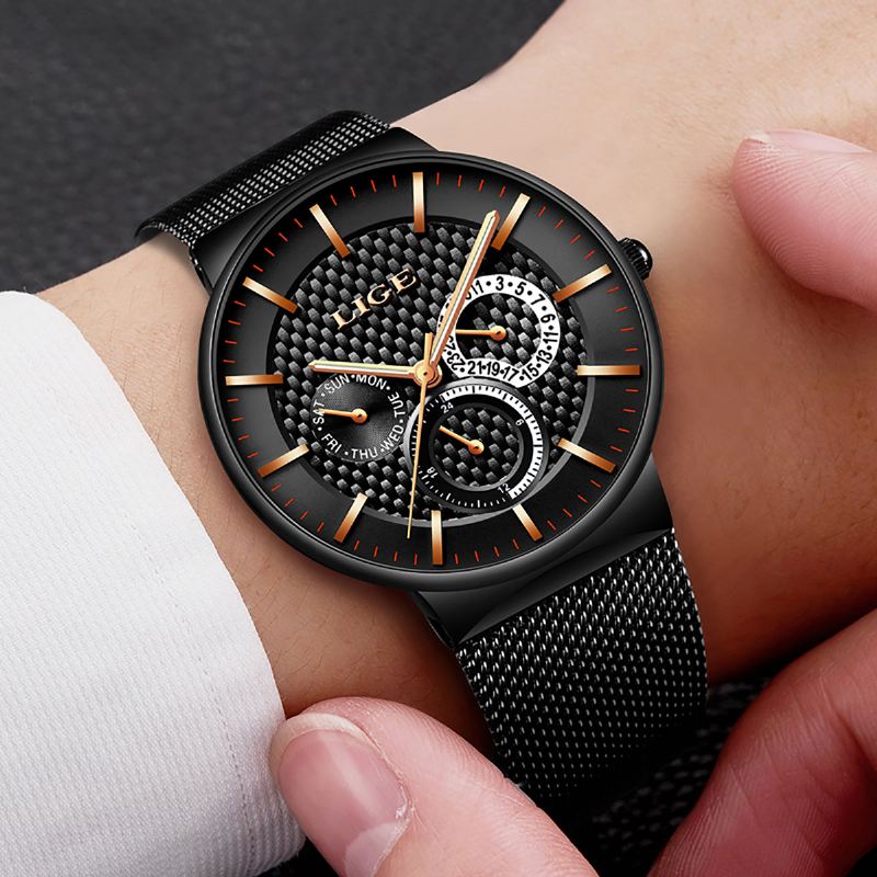 Business Casual Herreur Vandtæt Lysende Dato Uge Display Quartz Watch