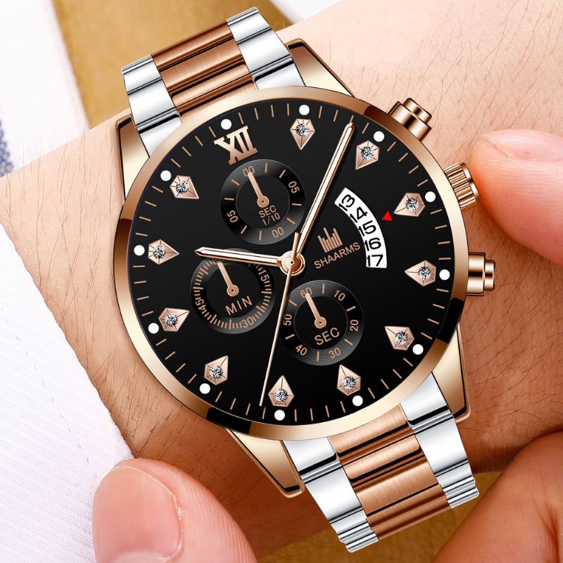 Business Casual Med Kalender Indlagt Rhinestones Dial Stålrem Herre Quartz Watch