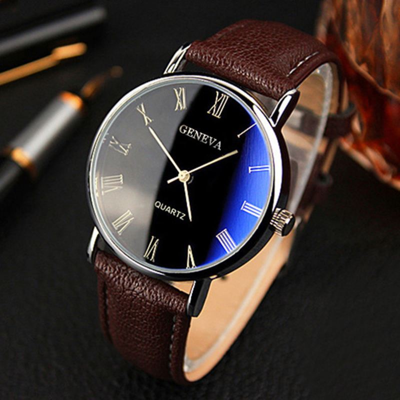 Business Casual Simpel Romertalskive Pu Læderrem Herre Quartz Watch Armbåndsur