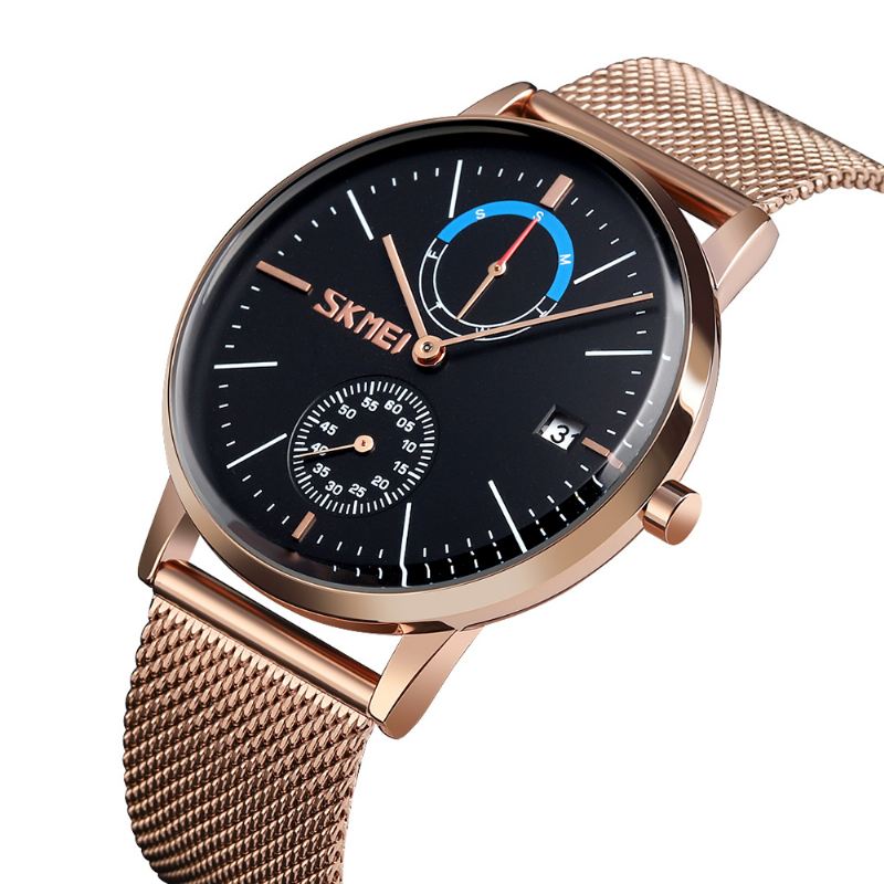 Business Style Cirkulært Spejl Mesh Stålrem Uge Dato Display Herreur Quartz Watch