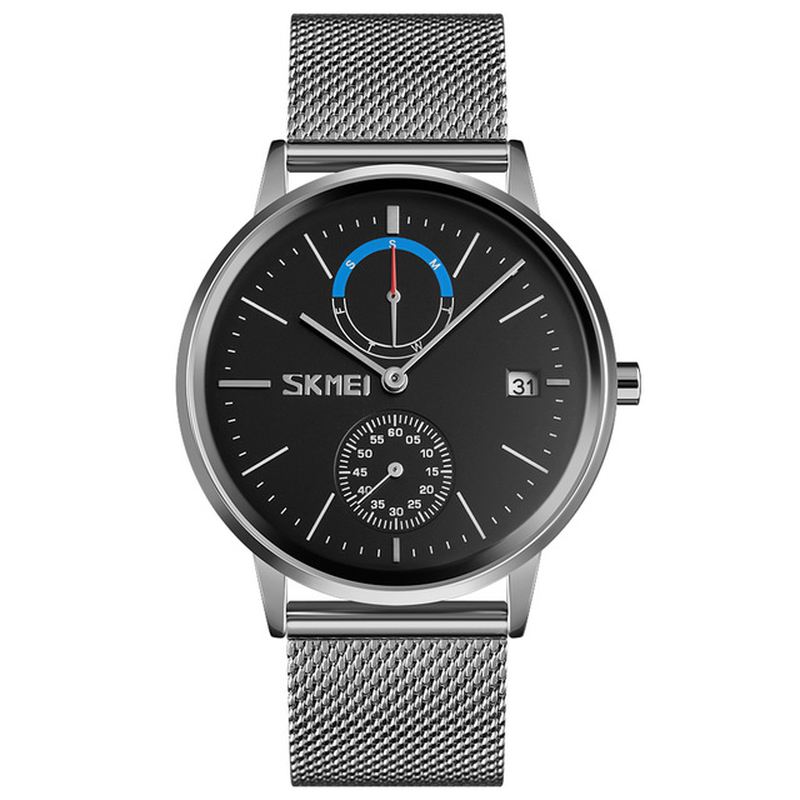 Business Style Cirkulært Spejl Mesh Stålrem Uge Dato Display Herreur Quartz Watch