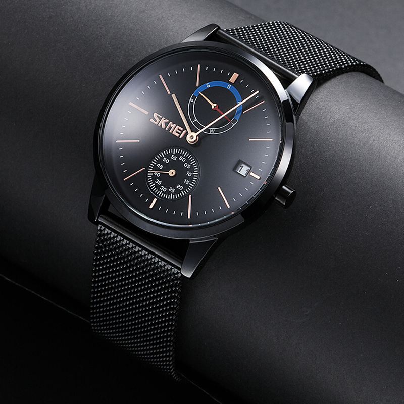 Business Style Cirkulært Spejl Mesh Stålrem Uge Dato Display Herreur Quartz Watch