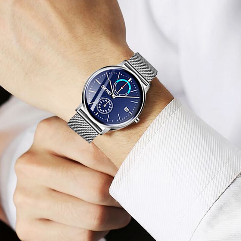 Business Style Cirkulært Spejl Mesh Stålrem Uge Dato Display Herreur Quartz Watch