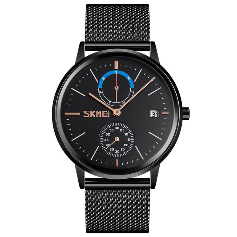 Business Style Cirkulært Spejl Mesh Stålrem Uge Dato Display Herreur Quartz Watch