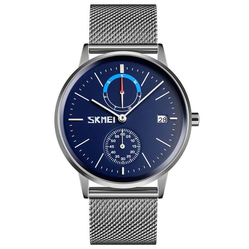 Business Style Cirkulært Spejl Mesh Stålrem Uge Dato Display Herreur Quartz Watch