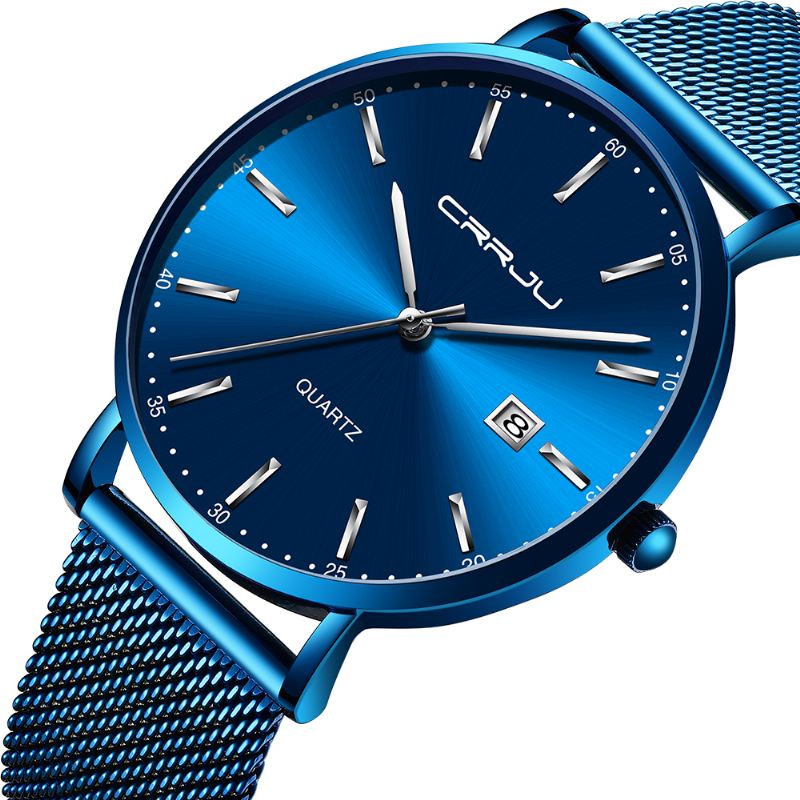 Business Style Dato Display Luksus Blue Dial Fuld Stålrem Herre Quartz Watch