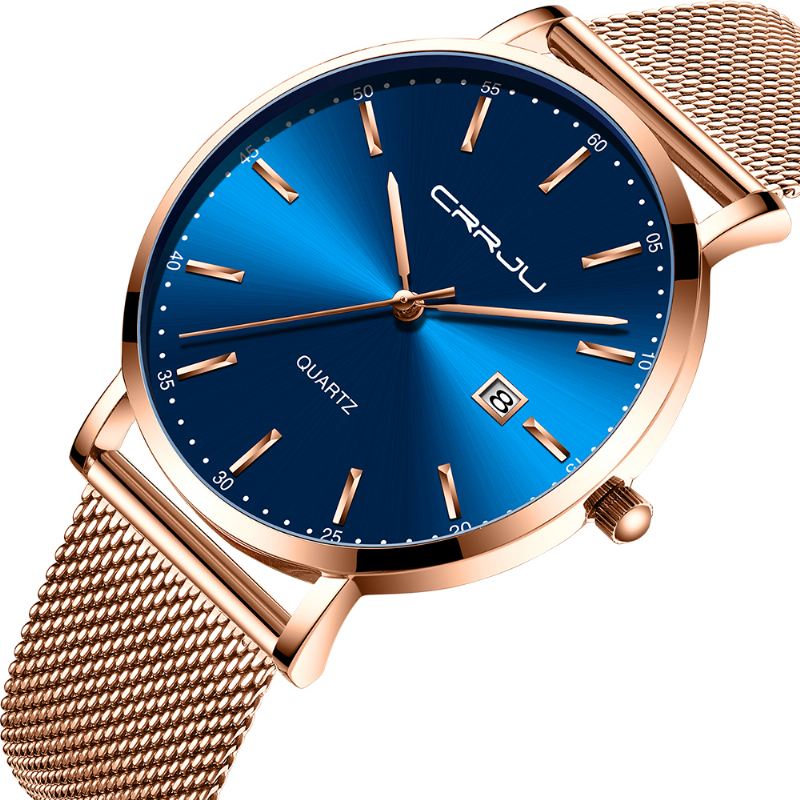 Business Style Dato Display Luksus Blue Dial Fuld Stålrem Herre Quartz Watch